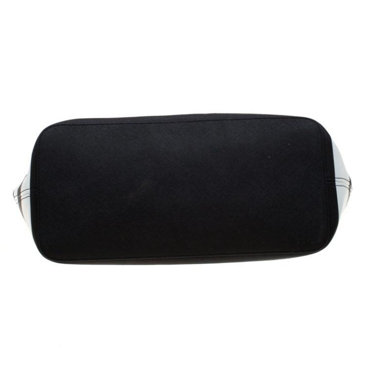 Pre Owned Michael Kors Black/White Stripe Saffiano Leather Jet Set Tote