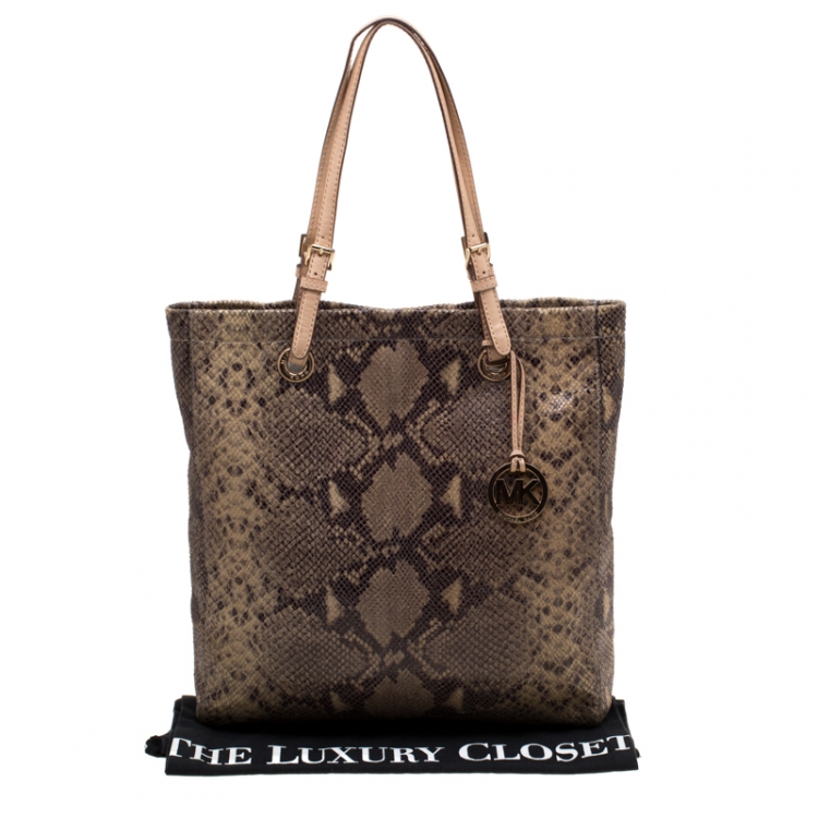 Pre Owned Michael Michael Kors Beige Python Embossed Leather Shopper Tote