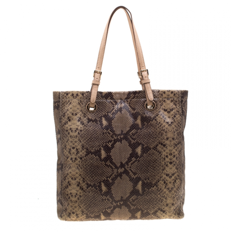 Pre Owned Michael Michael Kors Beige Python Embossed Leather Shopper Tote