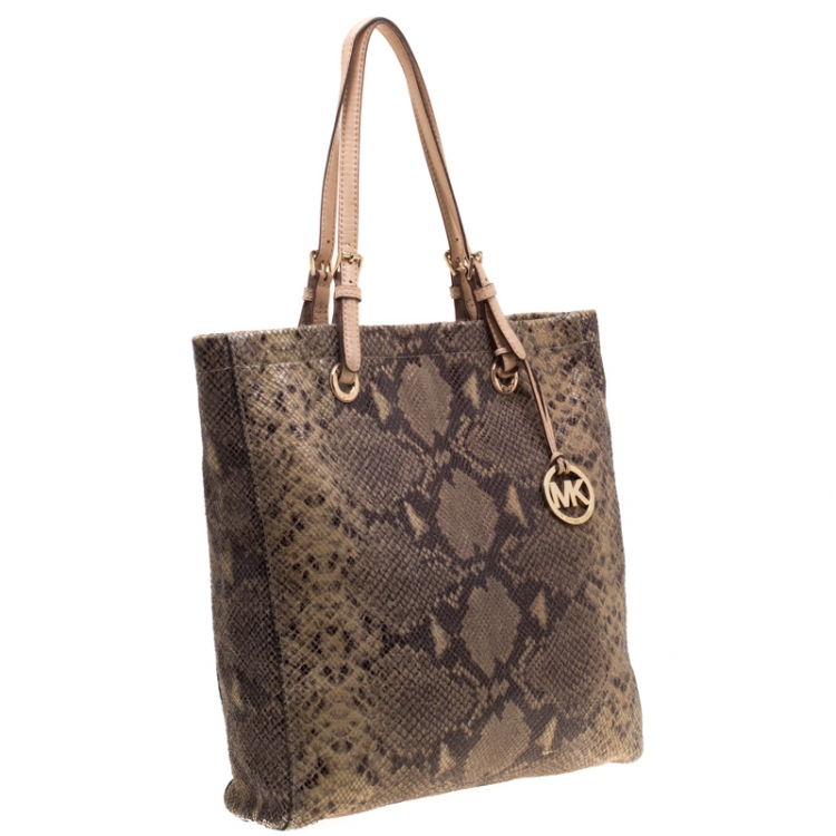 Pre Owned Michael Michael Kors Beige Python Embossed Leather Shopper Tote
