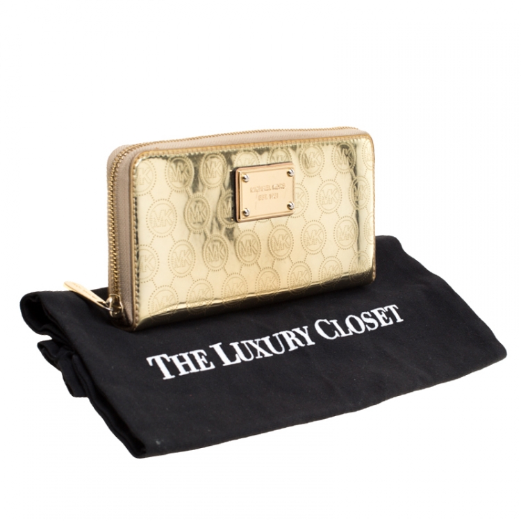 Pre Owned Michael Kors Gold Patent Leather Jet Set Zip Around Wallet