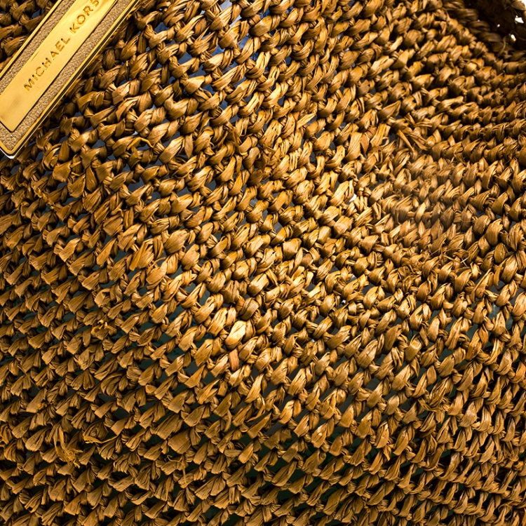 Pre Owned Michael Kors Brown/Gold Rafia and Leather Santorini Tote