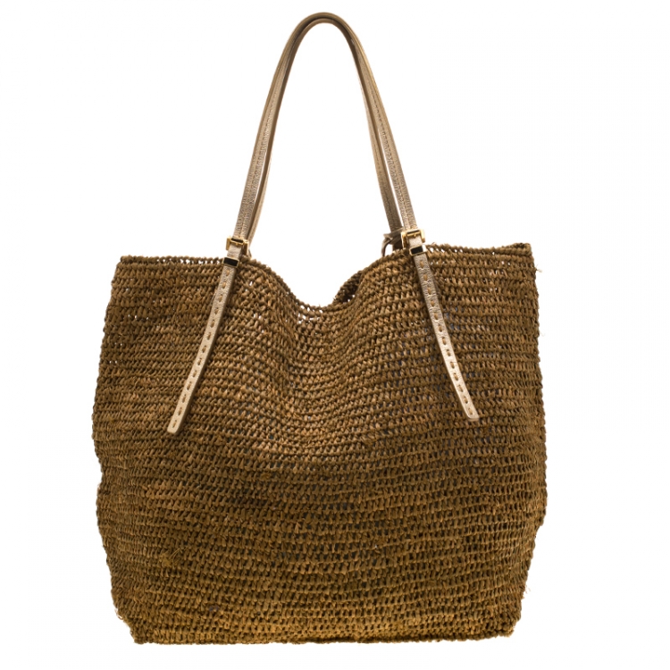Pre Owned Michael Kors Brown/Gold Rafia and Leather Santorini Tote