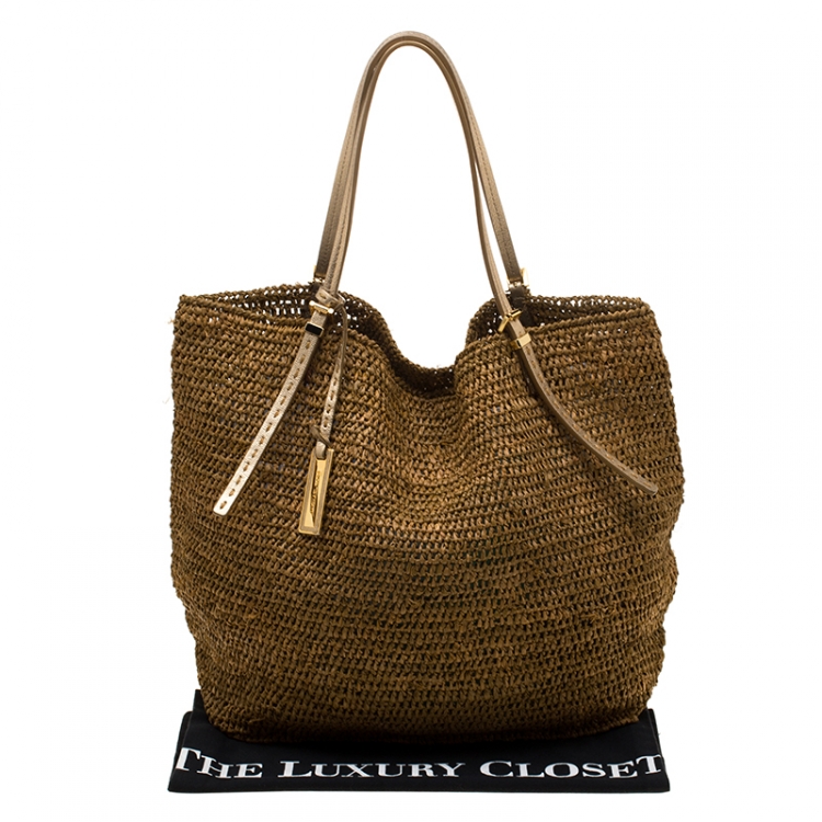 Pre Owned Michael Kors Brown/Gold Rafia and Leather Santorini Tote