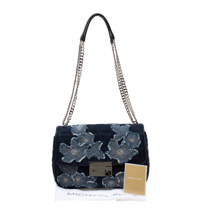 Pre Owned Michael Kors Blue Floral Denim Sloan Shoulder Bag