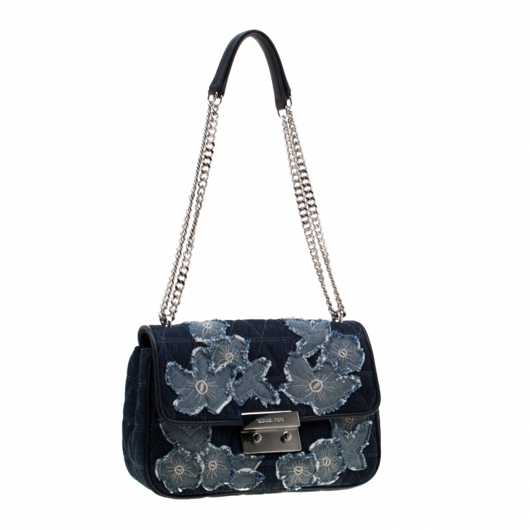 Pre Owned Michael Kors Blue Floral Denim Sloan Shoulder Bag