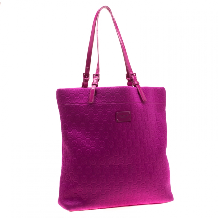 Pre Owned Michael Kors Pink Embossed Neoprene and Patent Leather Jet Set Tote