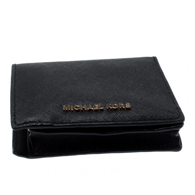 Pre Owned Michael Kors Black Leather Card Holder Wallet
