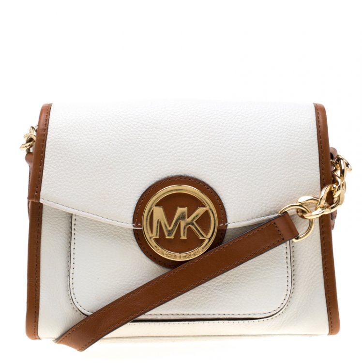 Michael Kors White/Brown Leather Fulton Flap Crossbody Bag Michael Kors |  TLC