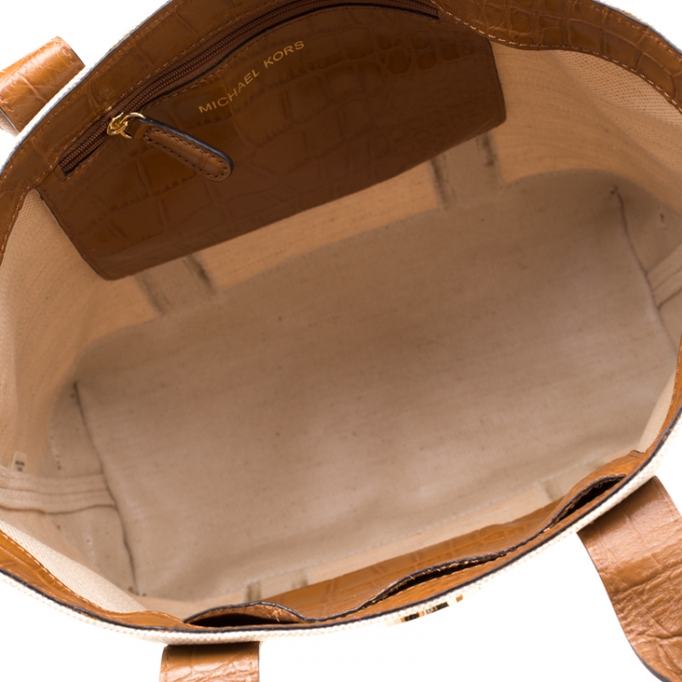 Pre Owned Michael Kors Beige/Brown Canvas and Croc Embossed Leather Fulton Tote