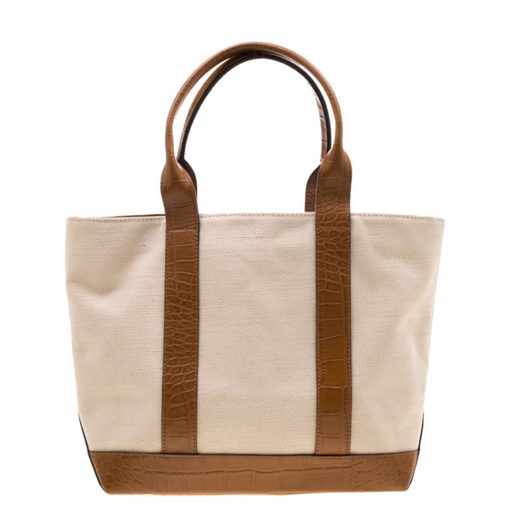 Pre Owned Michael Kors Beige/Brown Canvas and Croc Embossed Leather Fulton Tote