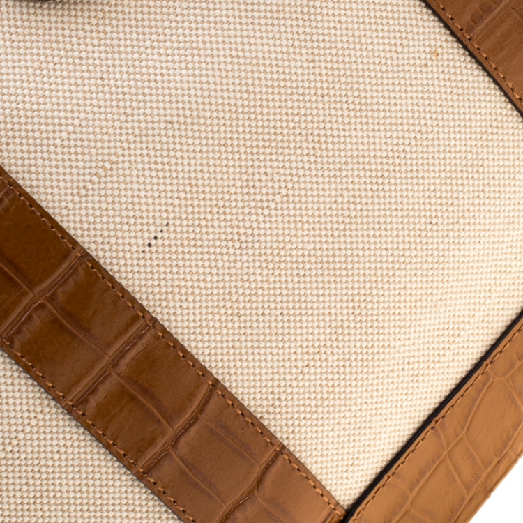 Pre Owned Michael Kors Beige/Brown Canvas and Croc Embossed Leather Fulton Tote