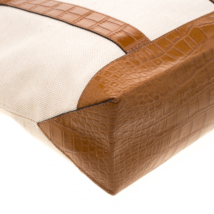 Pre Owned Michael Kors Beige/Brown Canvas and Croc Embossed Leather Fulton Tote