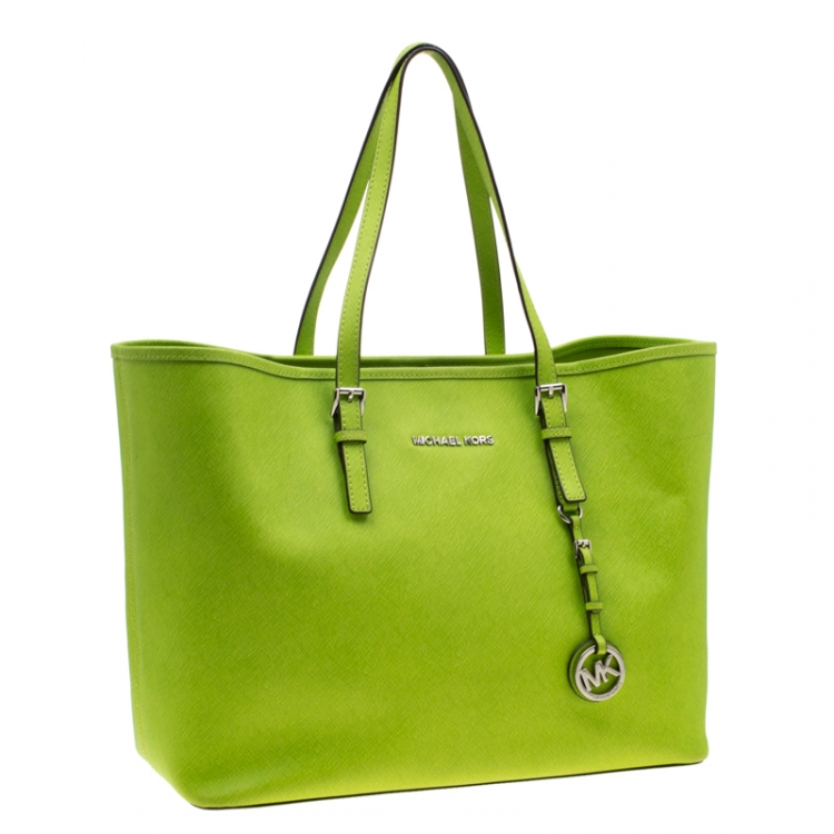 Pre Owned Michael Kors Neon Green Saffiano Leather Jet Set Tote 