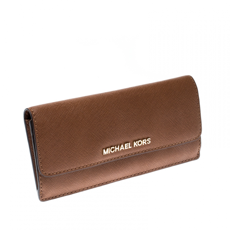 Pre Owned Michael Kors Brown Leather Jet Set Travel Wallet