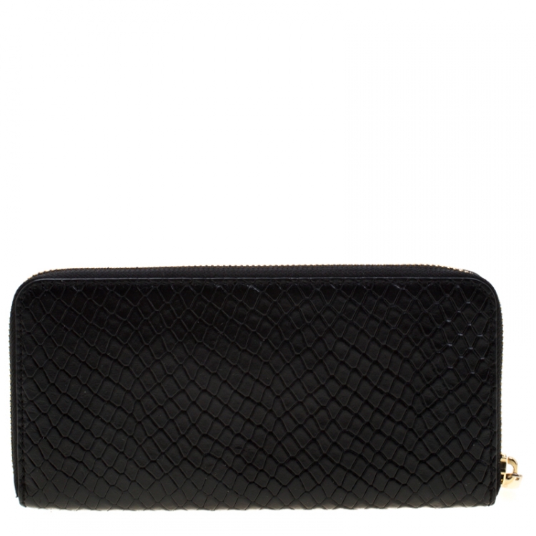 Pre Owned Michael Kors Black Croc Embossed Leather Zip Around Wallet