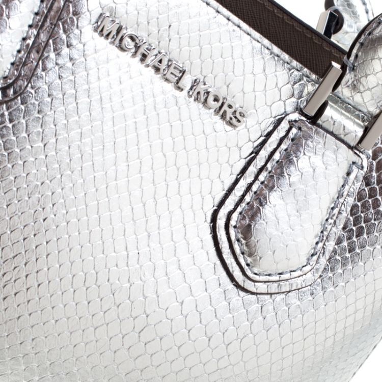 Pre Owned Michael Kors Silver Metallic Snakeskin Embossed Leather Medium Adele Tote