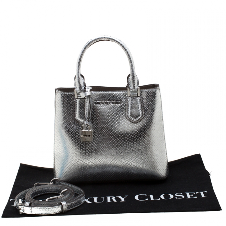 Pre Owned Michael Kors Silver Metallic Snakeskin Embossed Leather Medium Adele Tote