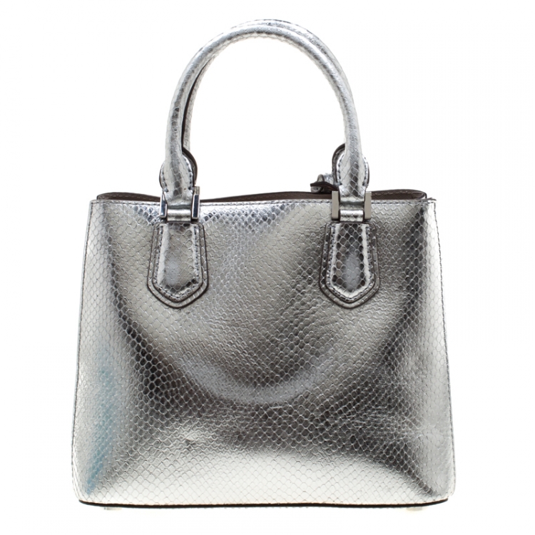 Pre Owned Michael Kors Silver Metallic Snakeskin Embossed Leather Medium Adele Tote