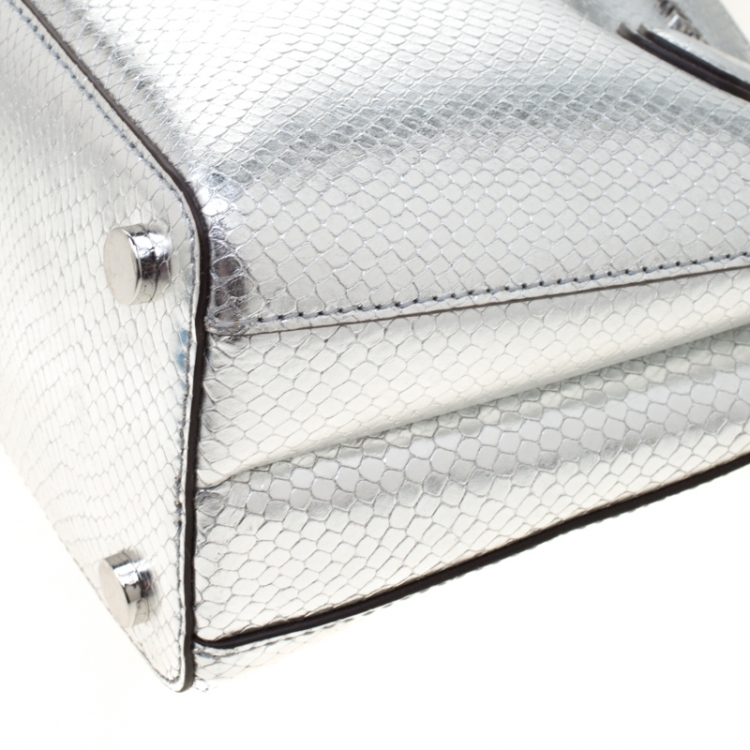 Pre Owned Michael Kors Silver Metallic Snakeskin Embossed Leather Medium Adele Tote