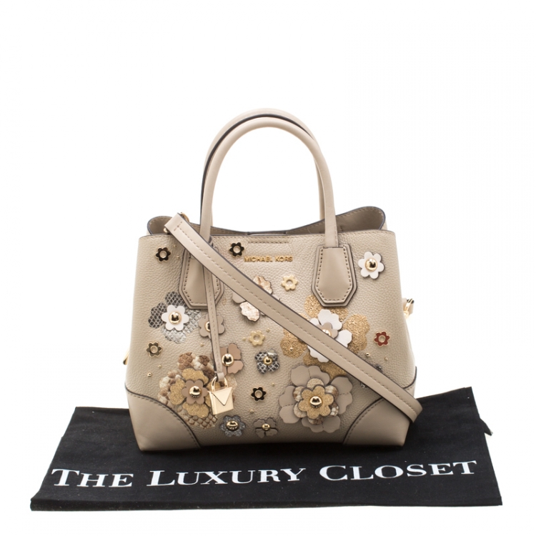 Pre Owned Michael Kors Beige Floral  Leather Mercer Satchel 