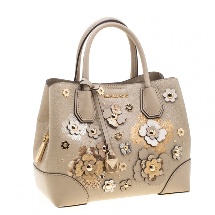 Pre Owned Michael Kors Beige Floral  Leather Mercer Satchel 