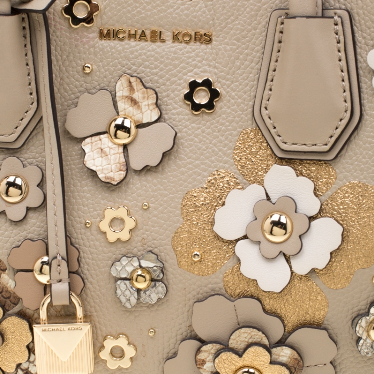 Pre Owned Michael Kors Beige Floral  Leather Mercer Satchel 