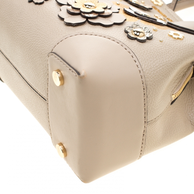 Pre Owned Michael Kors Beige Floral  Leather Mercer Satchel 
