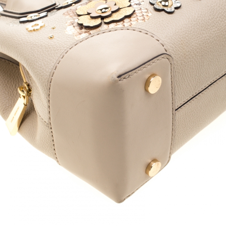 Pre Owned Michael Kors Beige Floral  Leather Mercer Satchel 