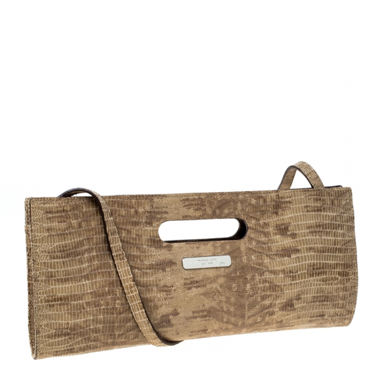 Pre Owned Michael Kors Beige Lizard Embossed Leather Cutout Handle Clutch Bag