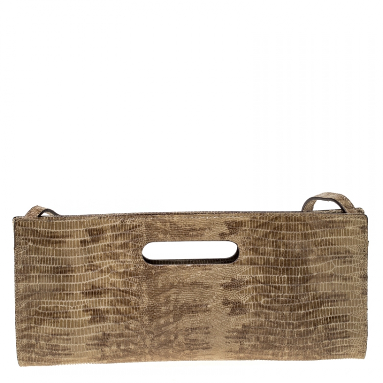 Pre Owned Michael Kors Beige Lizard Embossed Leather Cutout Handle Clutch Bag