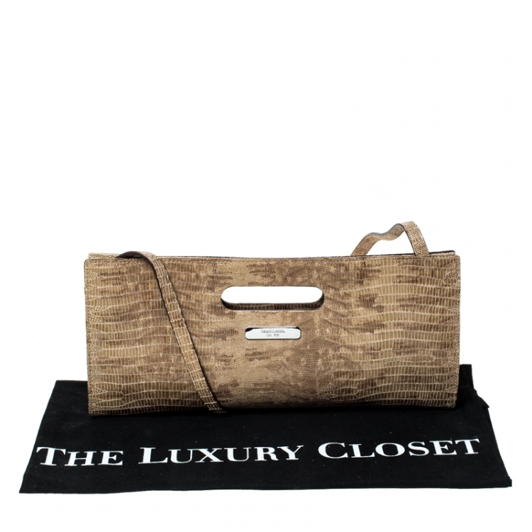 Pre Owned Michael Kors Beige Lizard Embossed Leather Cutout Handle Clutch Bag