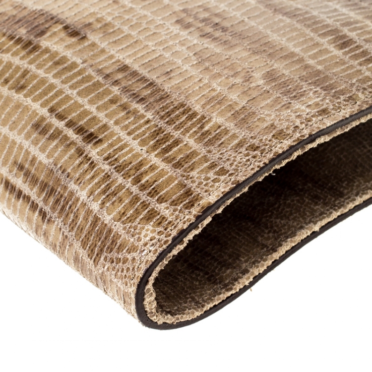 Pre Owned Michael Kors Beige Lizard Embossed Leather Cutout Handle Clutch Bag