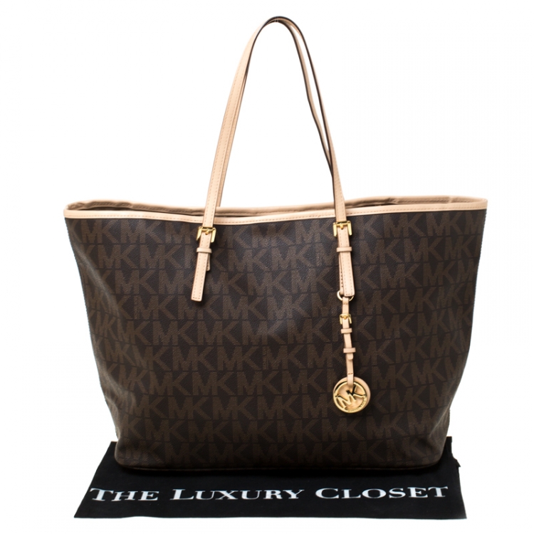 Pre Owned Michael Kors Brown Signature Coated Canvas Jet Set Tote