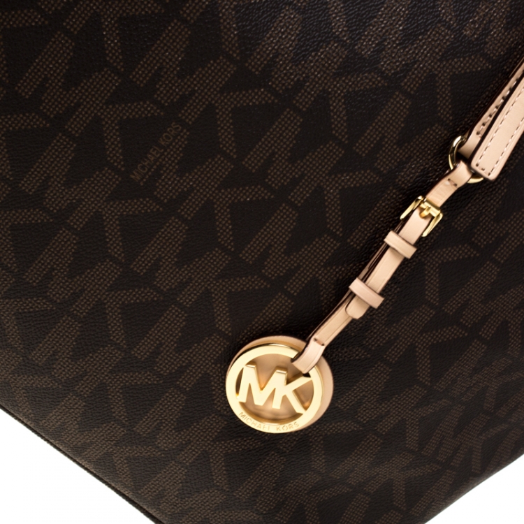 Pre Owned Michael Kors Brown Signature Coated Canvas Jet Set Tote
