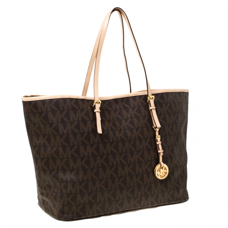 Pre Owned Michael Kors Brown Signature Coated Canvas Jet Set Tote