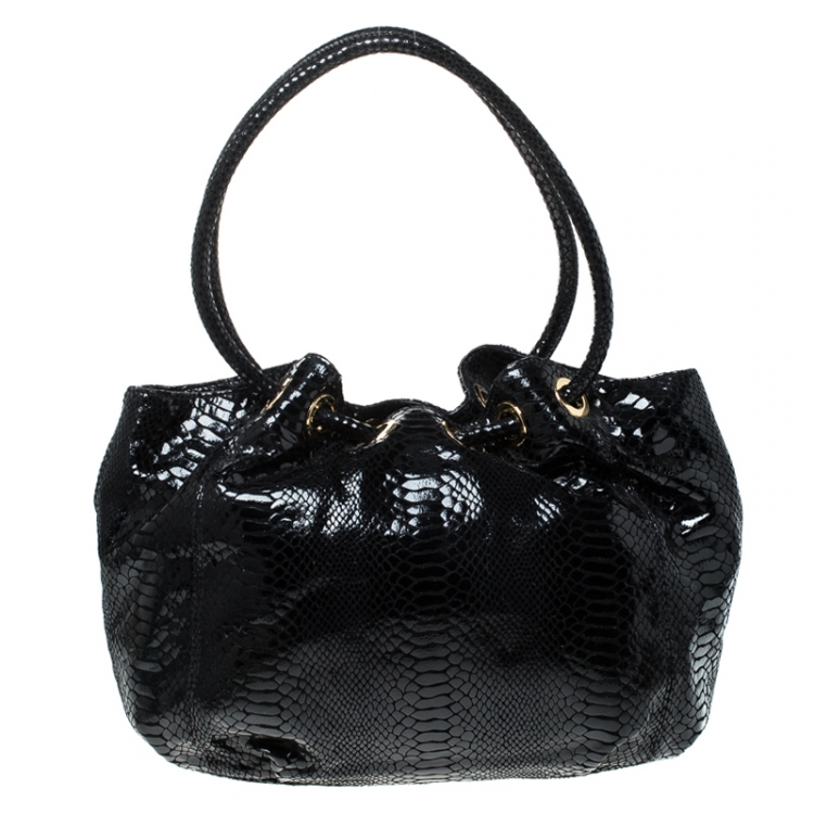Pre Owned Michael Kors Black Python Embossed Patent Leather Ring Shoulder Bag