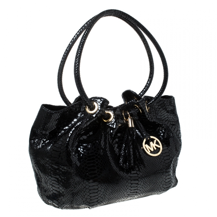 Pre Owned Michael Kors Black Python Embossed Patent Leather Ring Shoulder Bag