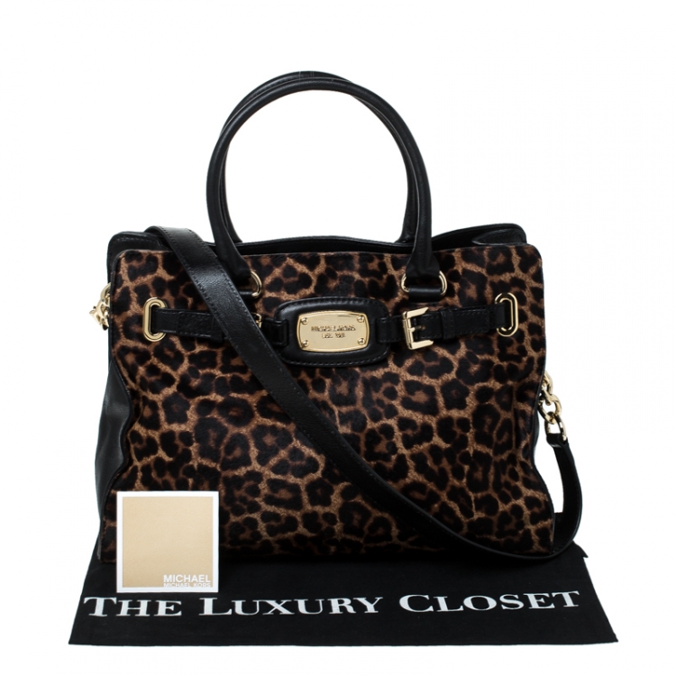 Pre Owned Michael Kors Brown Leopard Print Calfhair and Leather Hamilton Tote