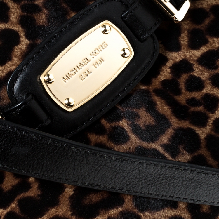 Pre Owned Michael Kors Brown Leopard Print Calfhair and Leather Hamilton Tote