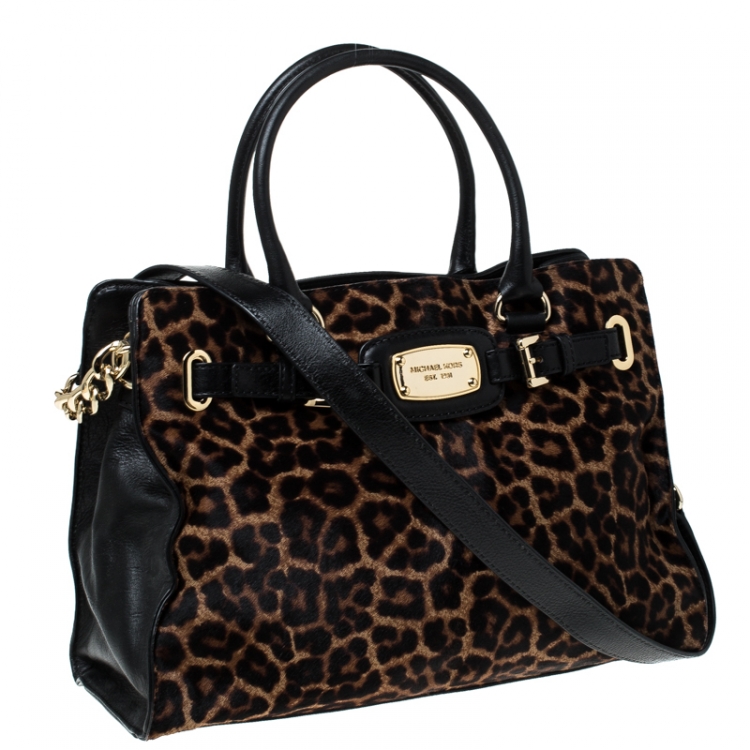 Pre Owned Michael Kors Brown Leopard Print Calfhair and Leather Hamilton Tote