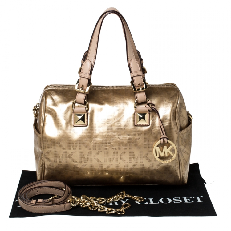 Pre Owned MICHAEL Michael Kors Gold Signature Patent Leather Grayson Satchel