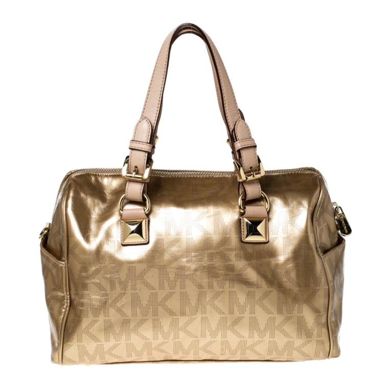 Pre Owned MICHAEL Michael Kors Gold Signature Patent Leather Grayson Satchel