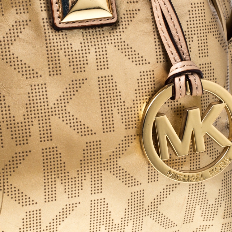 Pre Owned MICHAEL Michael Kors Gold Signature Patent Leather Grayson Satchel