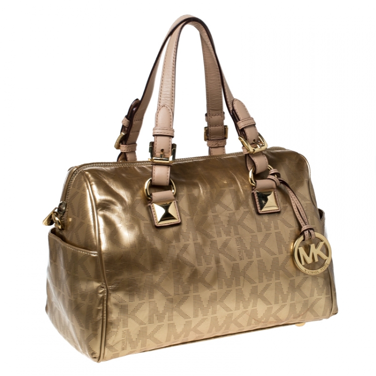 Pre Owned MICHAEL Michael Kors Gold Signature Patent Leather Grayson Satchel