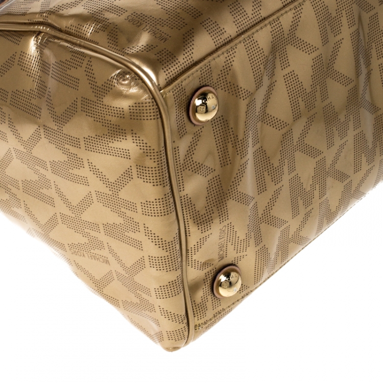 Pre Owned MICHAEL Michael Kors Gold Signature Patent Leather Grayson Satchel