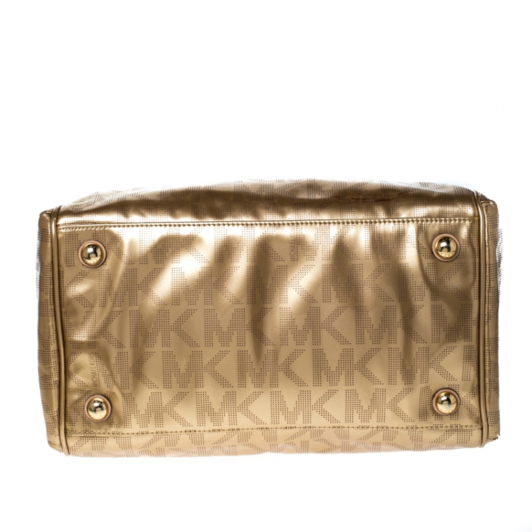 Pre Owned MICHAEL Michael Kors Gold Signature Patent Leather Grayson Satchel