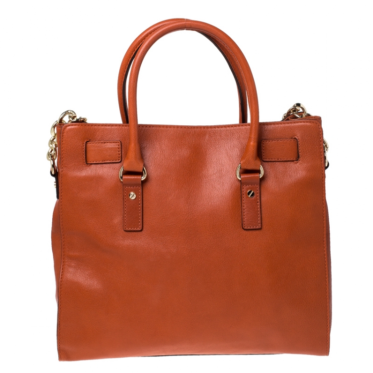 Pre Owned Michael Michael Kors Orange Leather East West Hamilton Tote