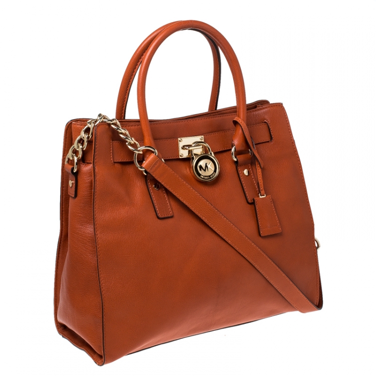 Pre Owned Michael Michael Kors Orange Leather East West Hamilton Tote