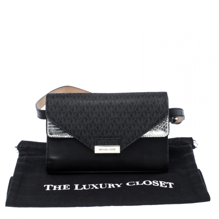 Pre Owned Michael Kors Black/Silver Signature Canvas and Python Embossed Leather Fanny Pack Belt Bag